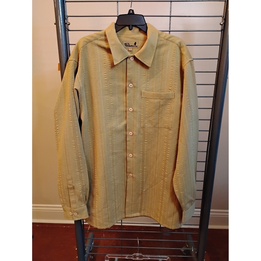 Vintage Falcone Mens XLLong Sleeve Button Down Shirt Textured Stripe Mustard Tan